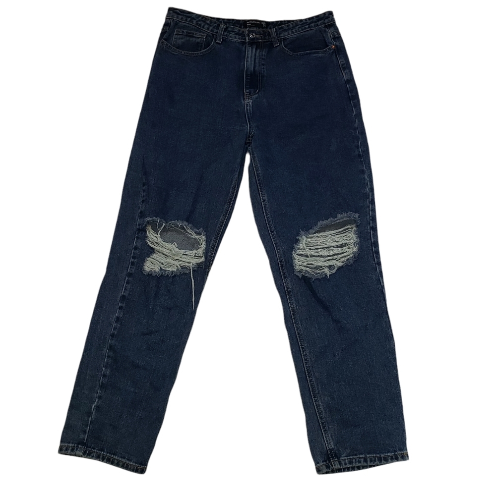 Pretty Little Thing Mom High Rise Jeans Sz 10 Dark Wash Distressed Ripped Denim